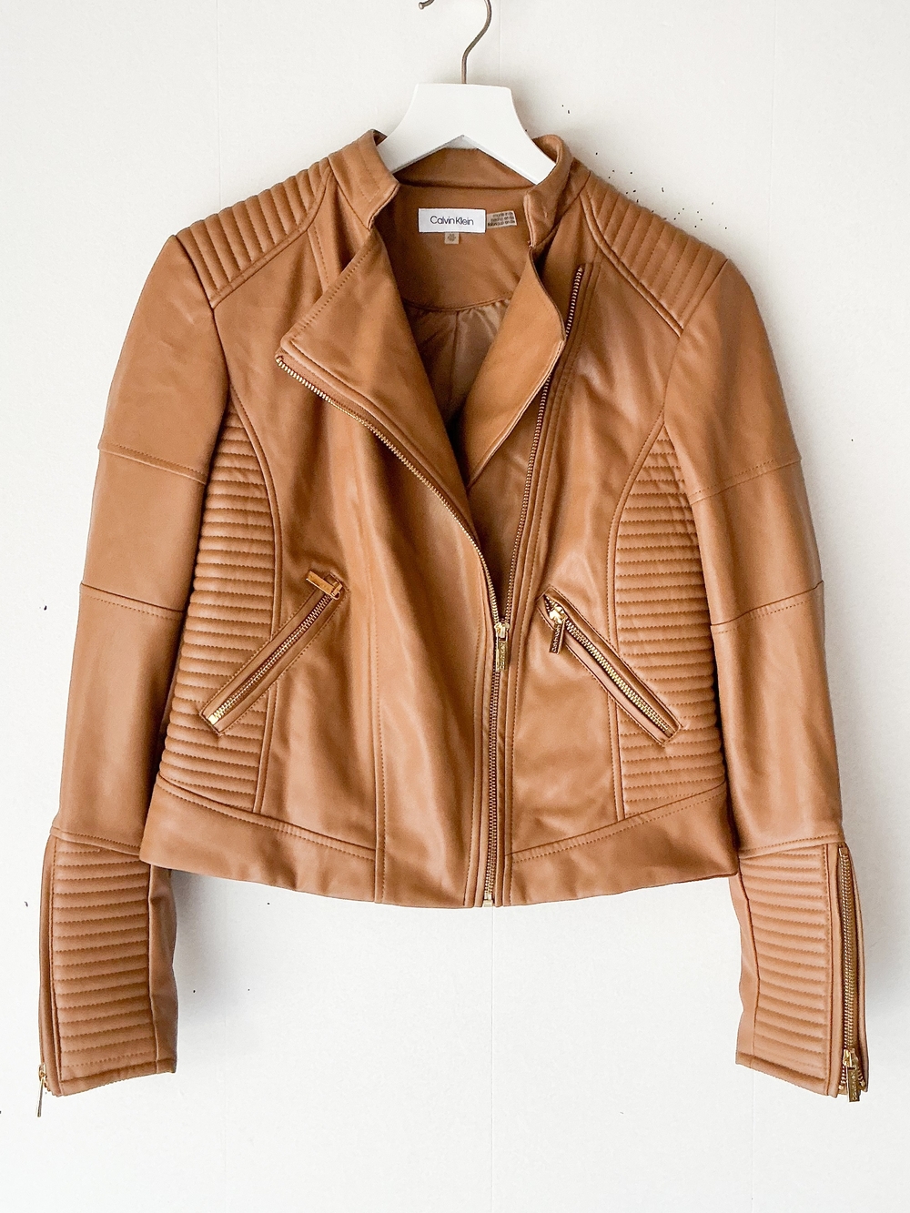 Calvin Klein Tan Faux Leather Moto Biker Jacket Quilted Gold Zip Detail Size XS